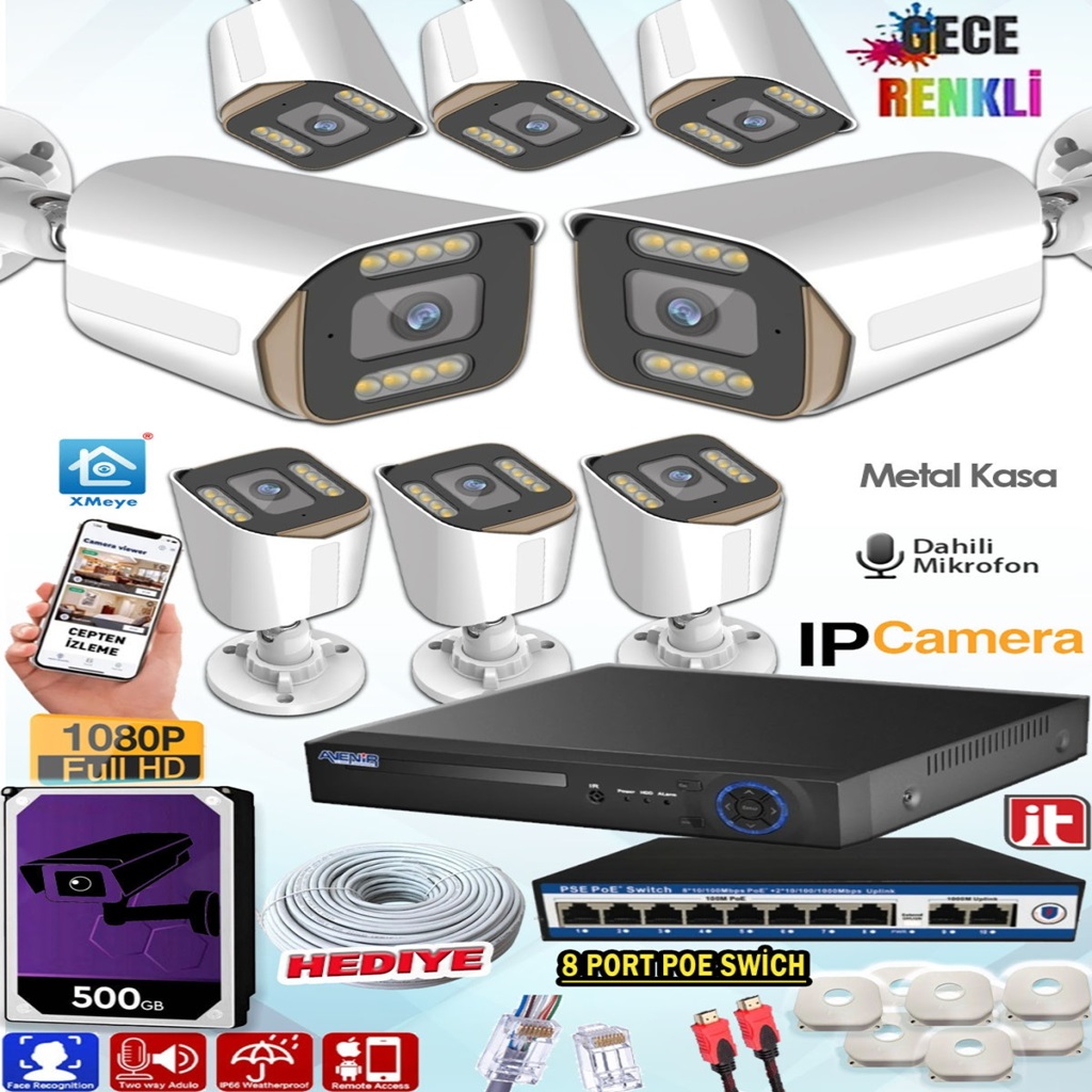 8 Kameralı 500GB 5MP HD Gece Renkli Mik. Komple IP Set
