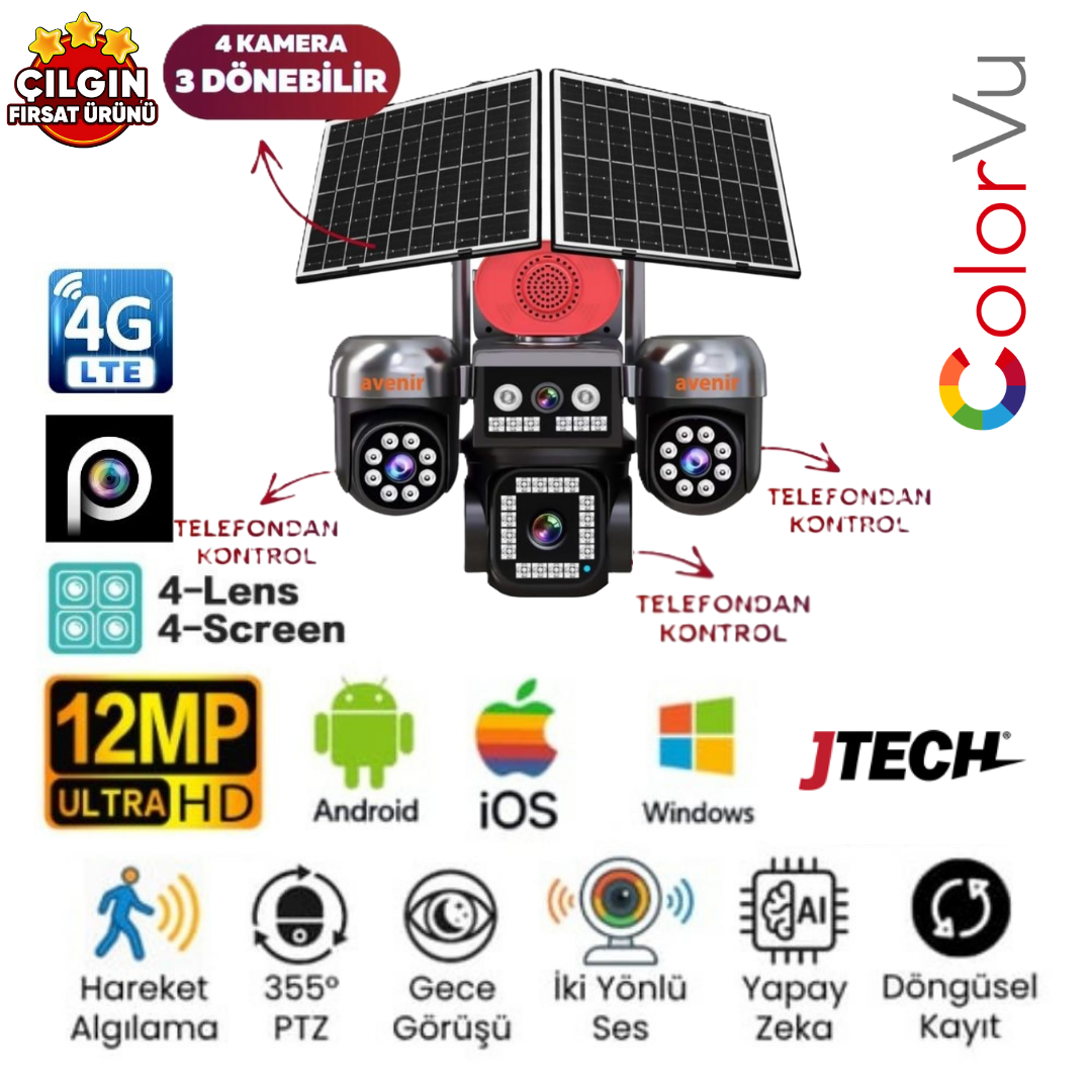 Avenir AV-S446 4Kamera 3Motorize Dönen 12MP 4K AOV eSİM 4G Solar PTZ Kamera