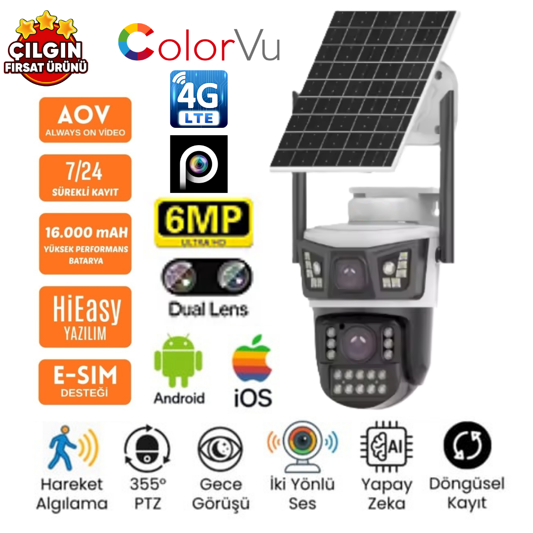 Avenir AV-S425 (3MP 3MP) 6MP 4G eSim Kartlı Solar Panelli 2 Lens Alert PTZ