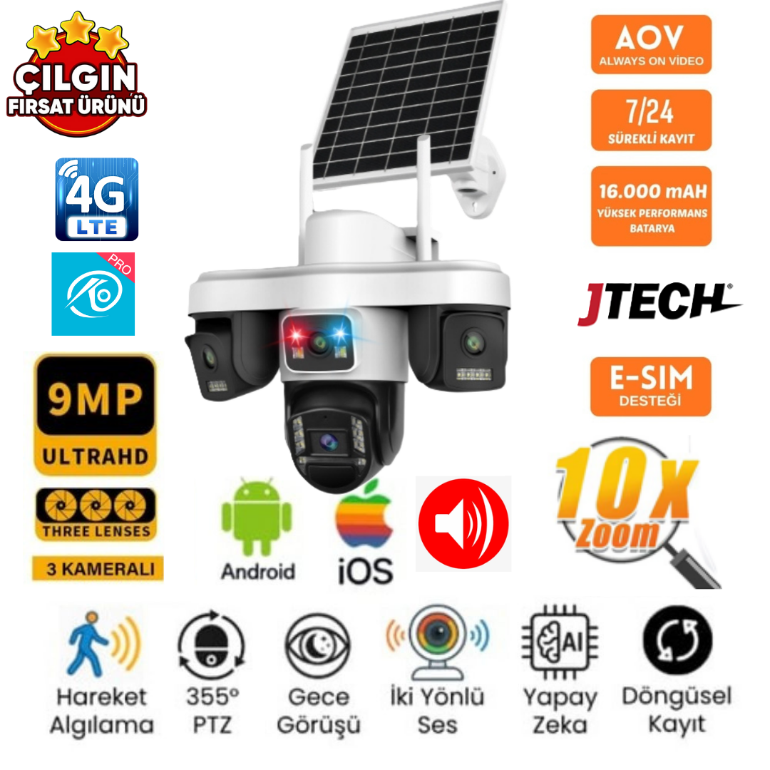 O-KAM OK-301 PREMiUM 4G 9MP 4G Sim Kartlı Solar Panelli 3 Lens 1 Alert PTZ