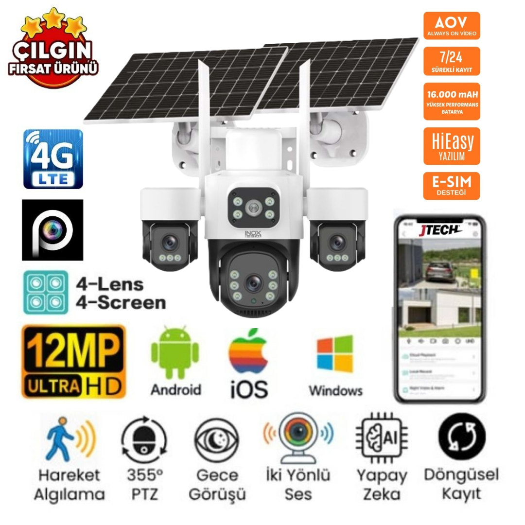 Inox X-14 4 Kamera 12MP 4K AOV eSİM Destekli 4G 2xSolar PTZ Akıllı Kamera
