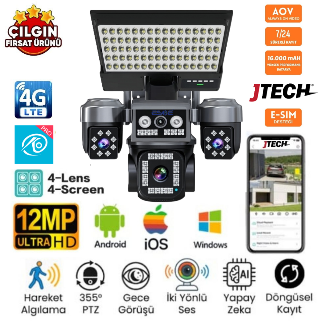 O-KAM OK-334 PREMiUM 4G 12MP 4G Sim Kartlı Solar Panelli 4 Lens 1 Alert PTZ