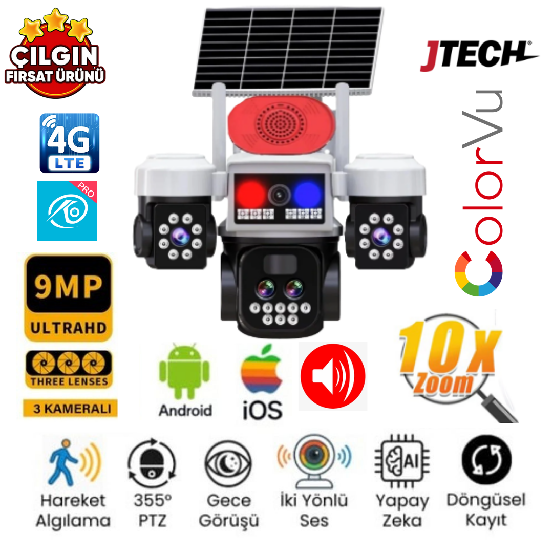 O-KAM 5051 (3MP 3MP 3MP) 9MP 4G Sim Kartlı Solar Panelli 3 Lens Alert PTZ