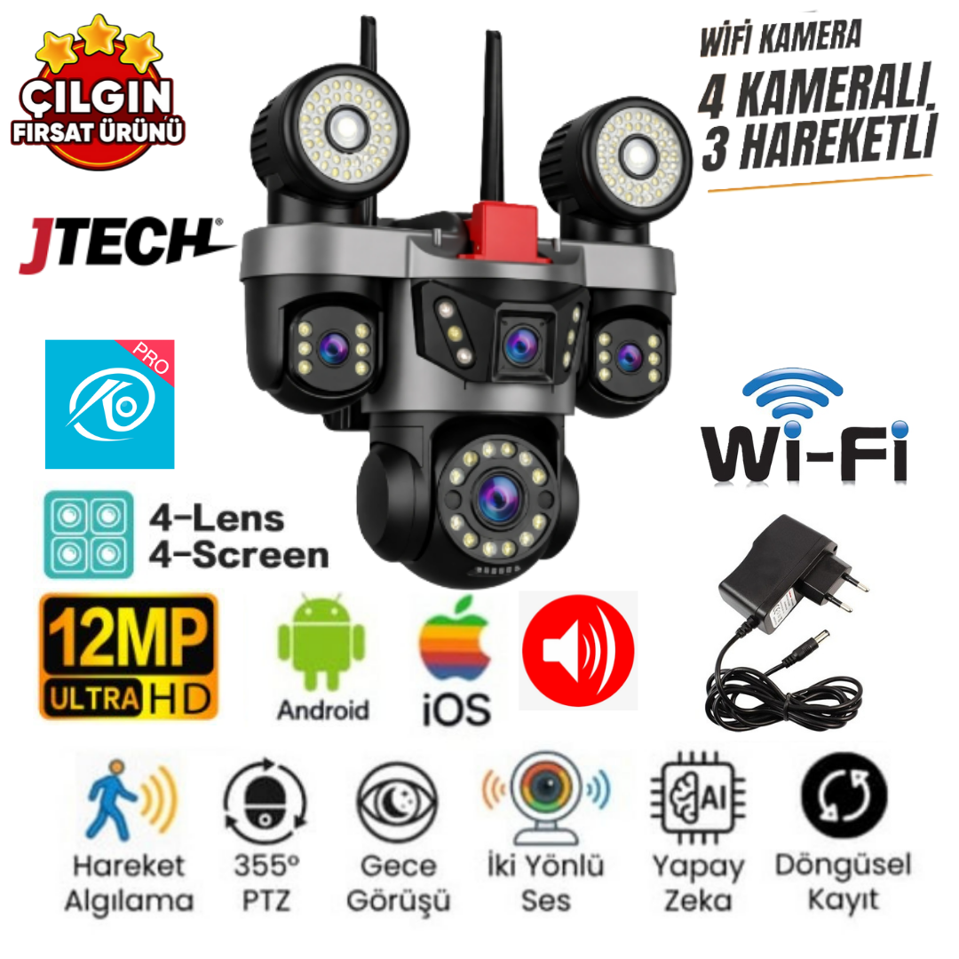 O-KAM OK-231 PREMİUMW (3MP 3MP 3MP 3MP) 12MP Wi-fi 4 Lens Çakarlı Alert 1 PTZ