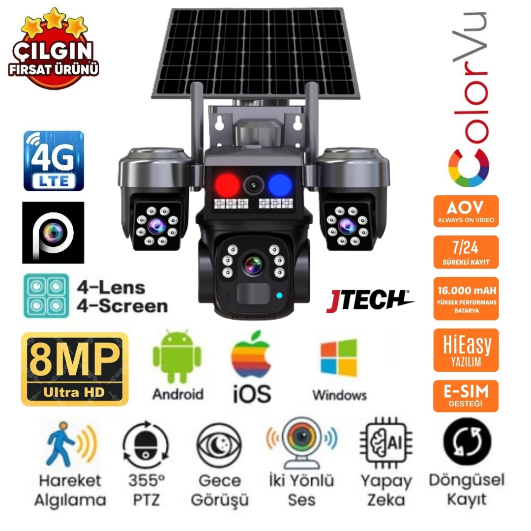JTECH J7PLUS 4Kamera 8MP HD AOV eSİM 4G Solar PTZ Akıllı Kamera