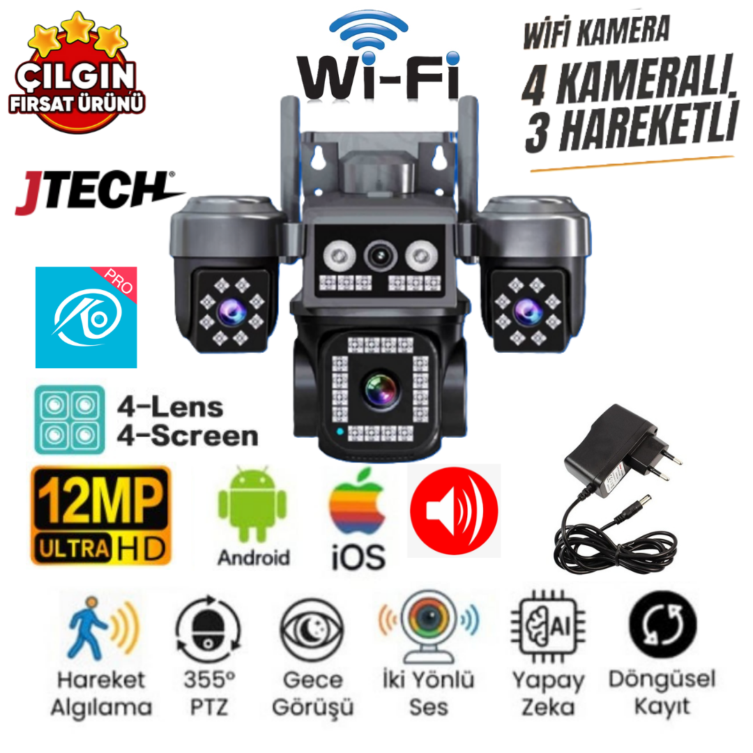O-KAM OK-202PLUSW (3MP 3MP 3MP 3MP) 12MP Wi-fi 4 Lens Çakarlı Alert 1 PTZ