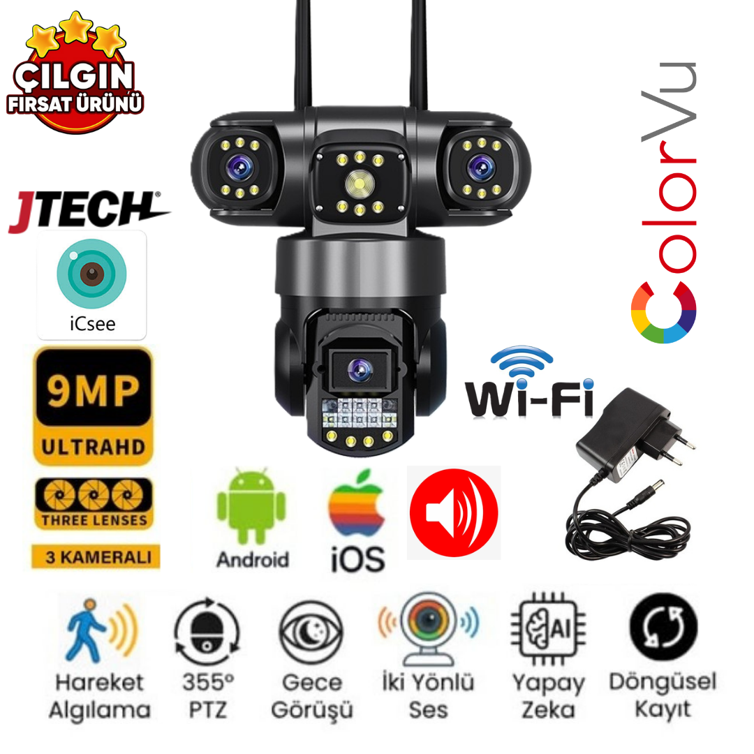 ESVİSİON ES-9002 ICSEE APP (3MP 3MP 3MP) 9MP Wi-fi 3 Lens Alert 1 PTZ Akıllı Kamera