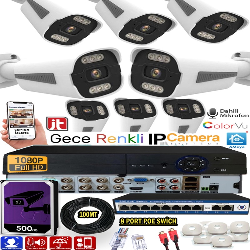 8 Kameralı 500GB 5MP HD Gece Renkli Mik. Komple IP Set