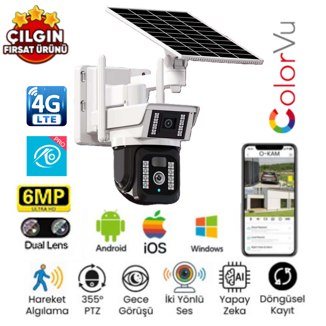 O-KAM 3940 6MP 4G Sim Kartlı Solar Panelli 2 Lens Alert PTZ
