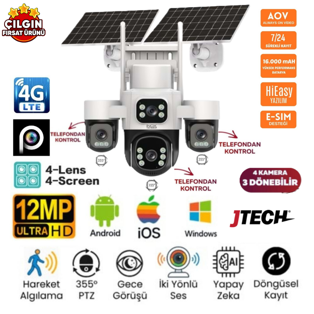 Inox X-24 4 Kamera 3 Motorize 12MP 4K AOV eSİM Destekli 4G 2xSolar PTZ Akıllı Kamera