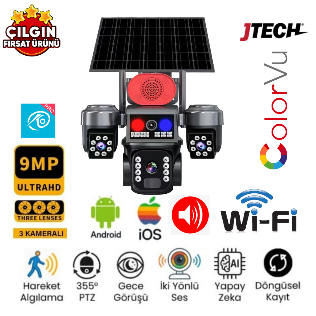 O-KAM 5220 (3mp 3mp 3mp) 9MP Wi-fi Solar Panelli 3 Lens Alert PTZ Akllı Kamera