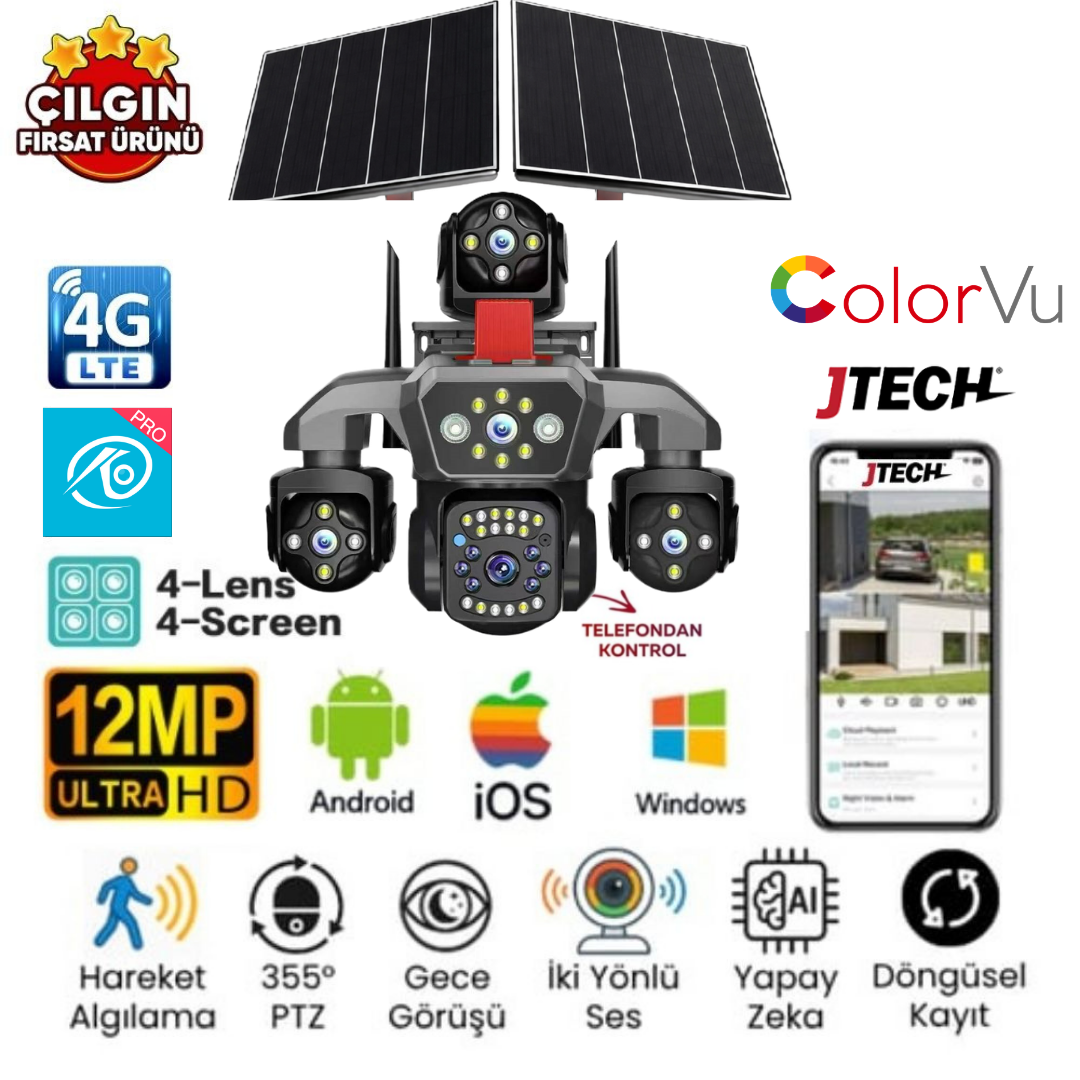 O-KAM OK-S-340 PREMiUM 4G 12MP 4G Sim Kartlı Solar Panelli 4 Lens 1 Alert PTZ