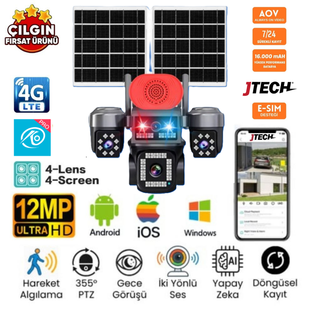 O-KAM OK-337 PREMiUM 4G 12MP 4G Sim Kartlı Solar Panelli 4 Lens 1 Alert PTZ