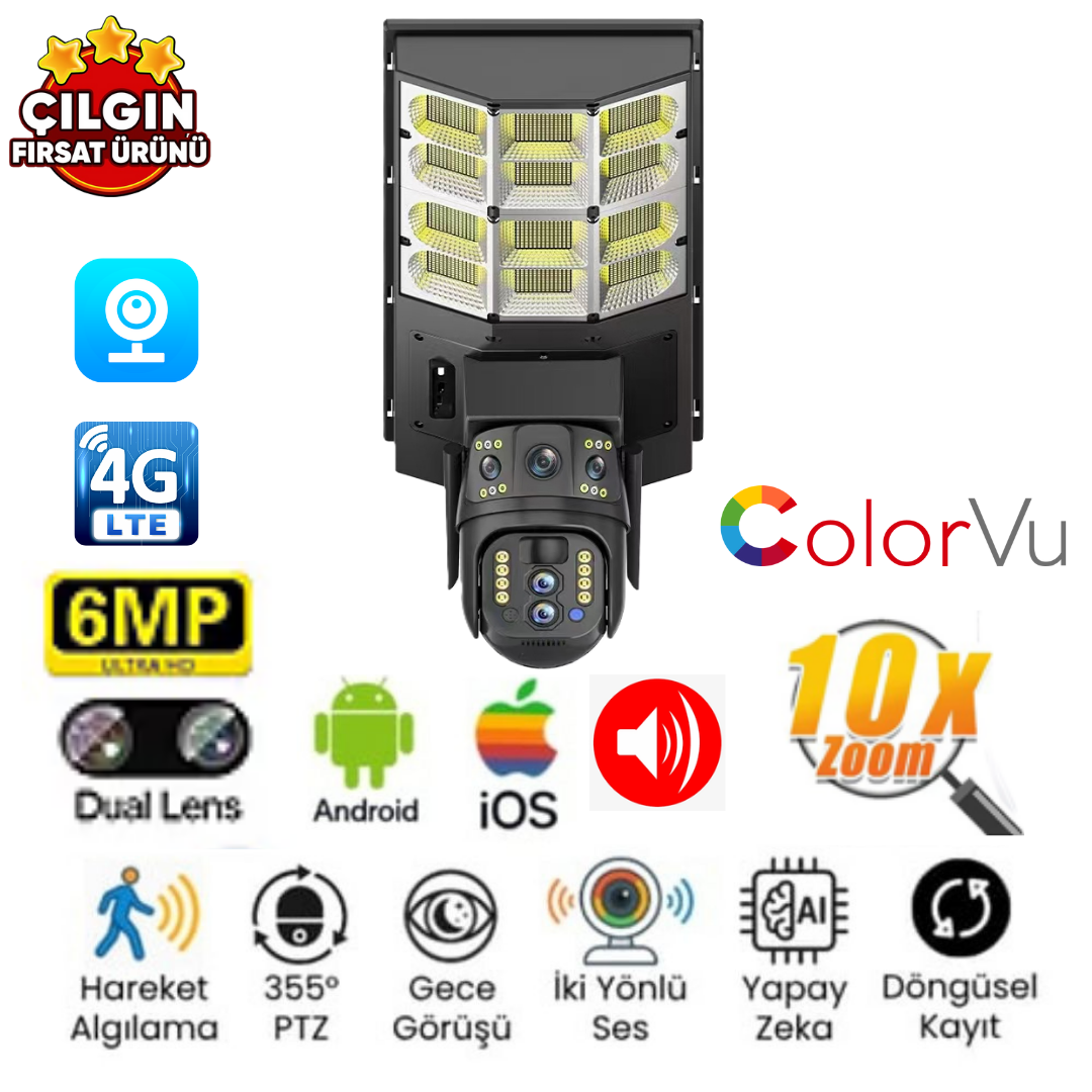 Avenir AV-SL401X Solar 4G Sokak Lambası 3Lens 3Ekran HD 4MP Akıllı PTZ Kamera