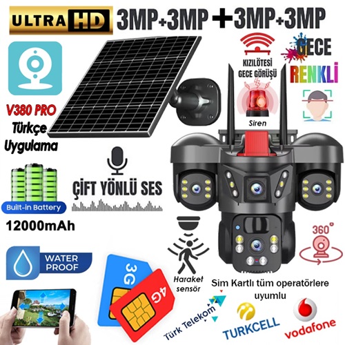 V380 PRO 66-G 4X KAMERA 4K 4G Sim Kartlı Güneş Panel Solar