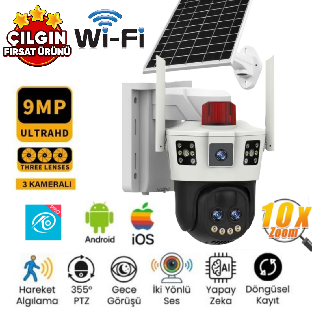 O-KAM 7050 (3mp 3mp) 6MP 10x Optik Zoom Wi-fi Solar Panelli 2 Lens Alert PTZ