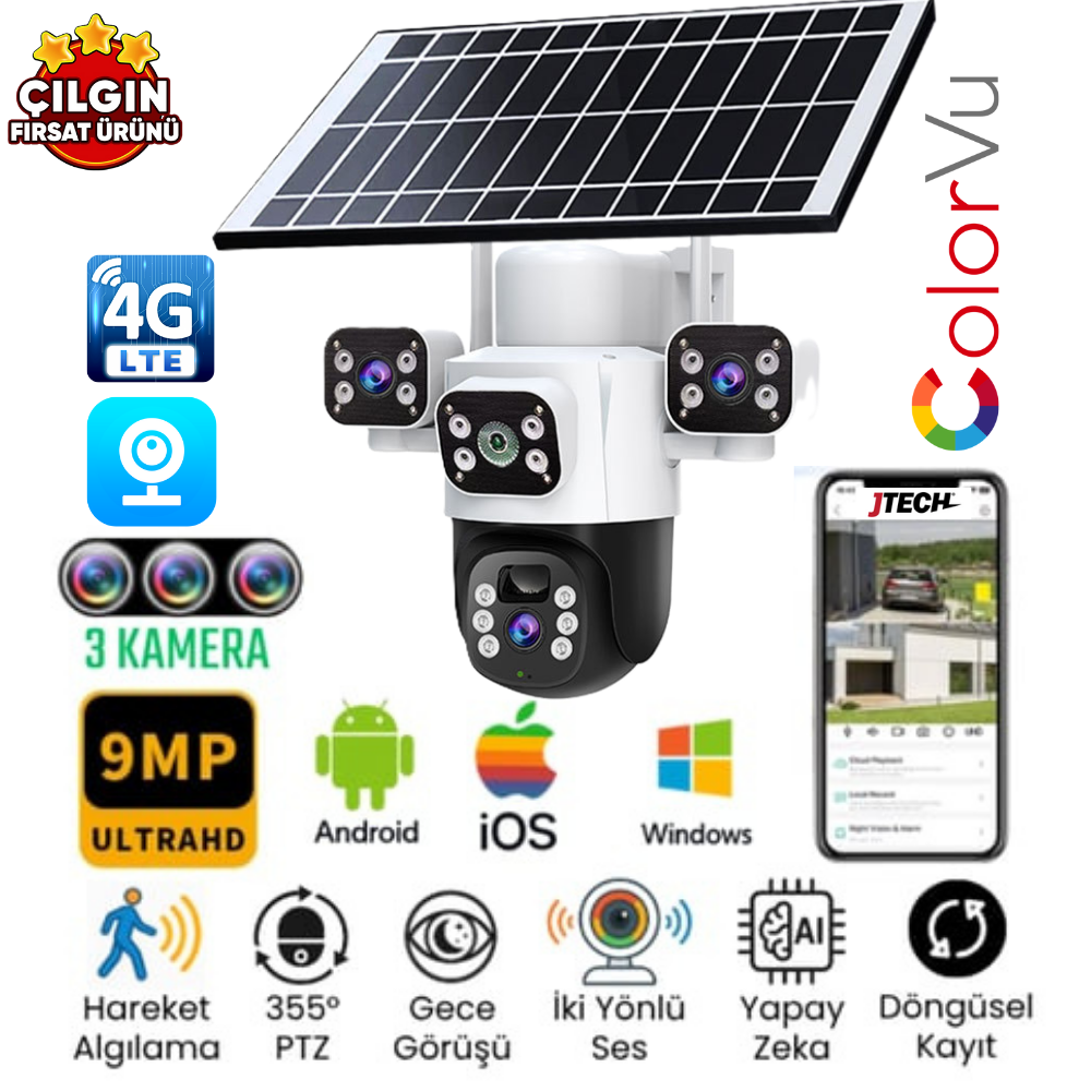 MPIA Aurora 6MP HD Sim Kartlı 4G Solar Panelli 3 Lens Alert PTZ
