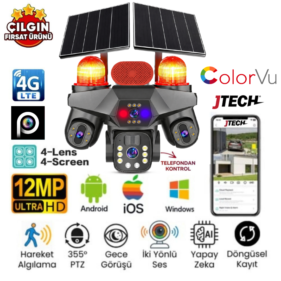 ESVİSİON ES-7030 4G 12MP 4G Sim Kartlı Solar Panelli 4 Lens 1 Alert PTZ Akıllı Kamera