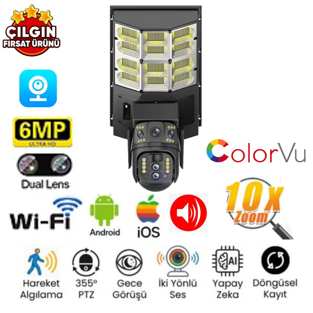 Avenir AV-SL400W Solar Wi-fi Sokak Lambası 3Lens 3Ekran HD 4MP Akıllı PTZ Kamera