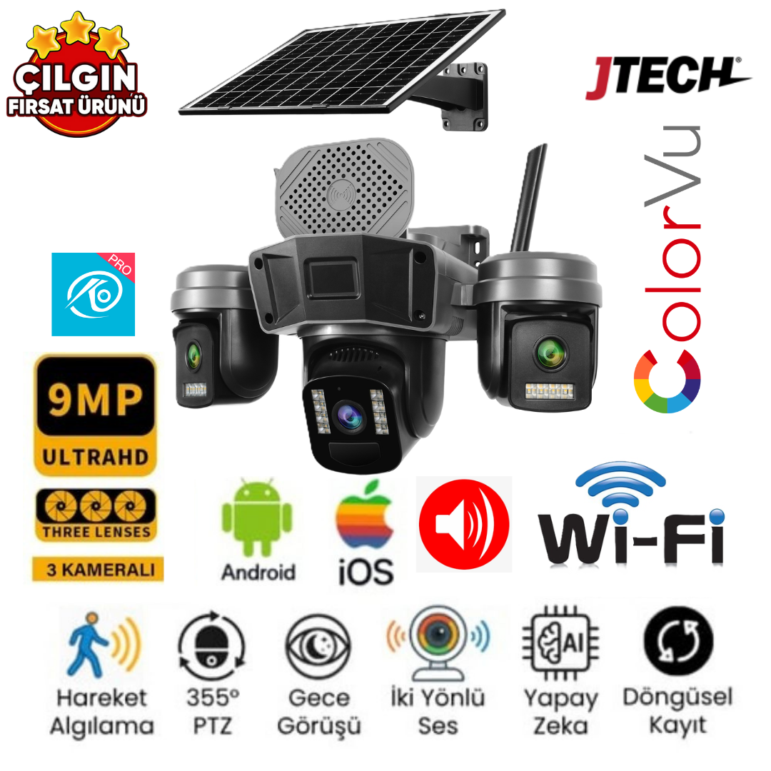 O-KAM 5210 (3mp 3mp 3mp) 9MP Wi-fi Solar Panelli 3 Lens Alert PTZ Akıllı Kamera