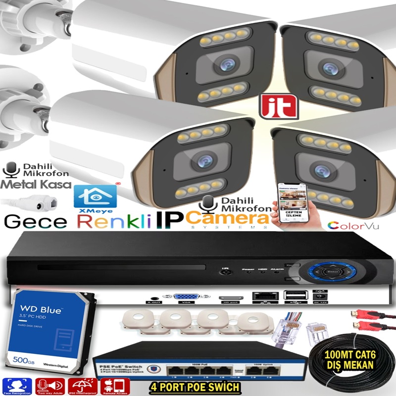 4 Kameralı 500GB 5MP HD Gece Renkli Mik. Komple IP Set