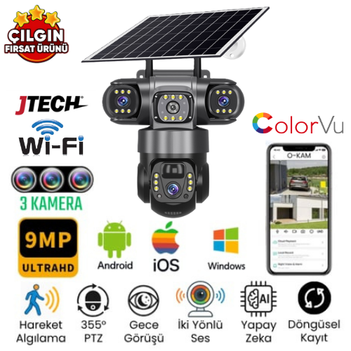 O-KAM 6040 (3mp 3mp 3mp) 9MP Wi-fi Solar Panelli 3 Lens Alert PTZ Akllı Kamera