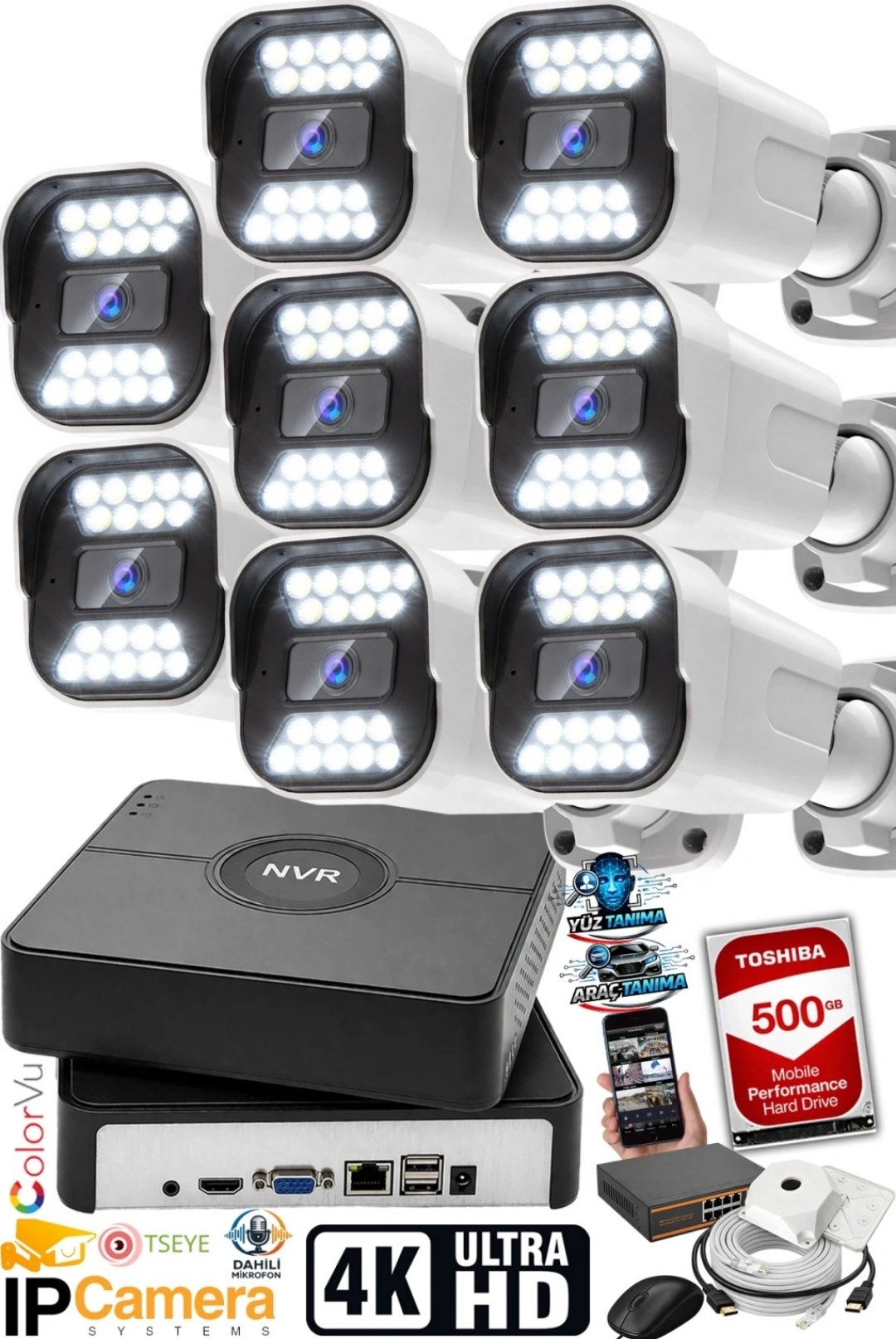 8 Kameralı 500GB 5MP HD Gece Renkli Mik. Komple IP Set