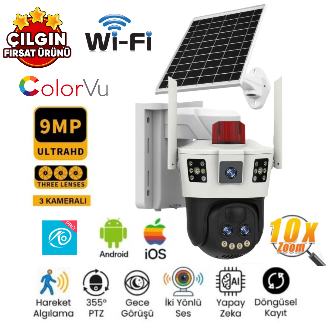 O-KAM 7050 (3mp 3mp) 6MP 10x Optik Zoom Wi-fi Solar Panelli 2 Lens Alert PTZ