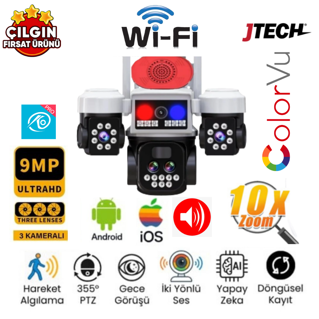 O-KAM 5012 (3MP 3MP 3MP) 9MP Wi-fi 10x Optik Zoom 3 Lens Alert PTZ