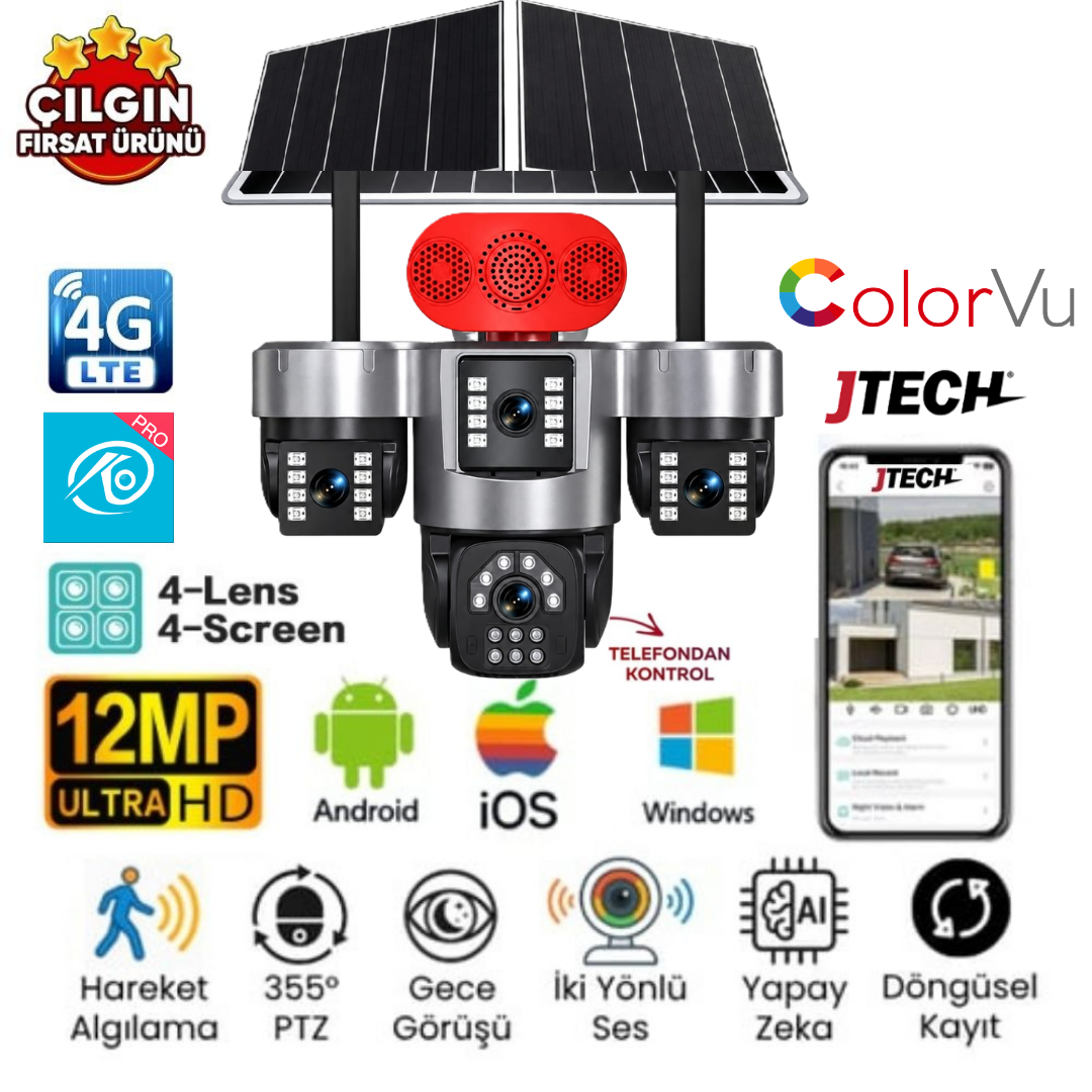O-KAM OK-S-341 PREMiUM 4G 12MP 4G Sim Kartlı Solar Panelli 4 Lens 1 Alert PTZ