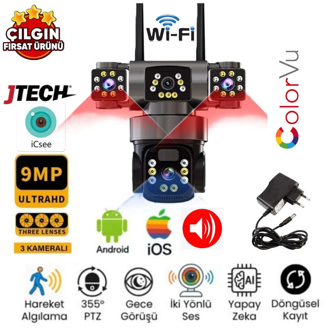 ESVİSİON ES-9002 ICSEE APP (3MP 3MP 3MP) 9MP Wi-fi 3 Lens Alert 1 PTZ Akıllı Kamera