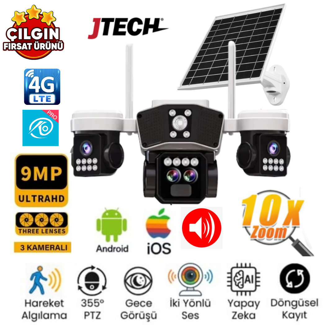 O-KAM 9095 (3MP 3MP 3MP) 9MP 4G Sim Kartlı Solar Panelli 3 Lens Alert PTZ