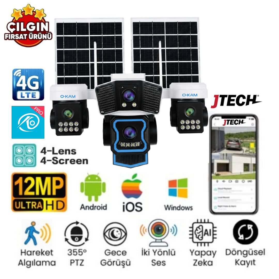 O-KAM OK-340 PREMiUM 4G 12MP 4G Sim Kartlı Solar Panelli 4 Lens 1 Alert PTZ