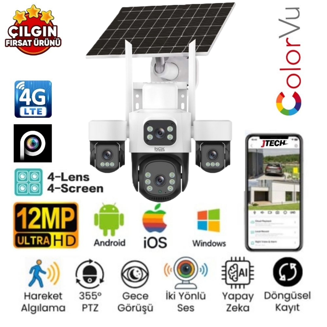 Inox X-14 4 Kamera 12MP 4K AOV eSİM Destekli 4G 2xSolar PTZ Akıllı Kamera