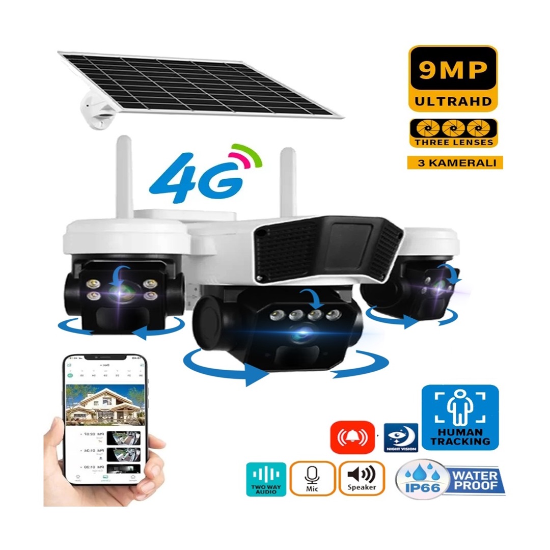 O-KAM 3936 9MP 4G Sim Kartlı Solar Panelli 3 Lens Alert PTZ