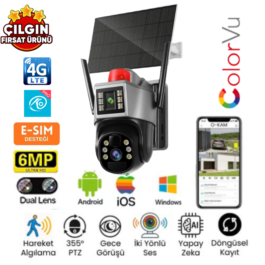 O-KAM 7015 (3MP 3MP) 6MP 4G eSim Kartlı Solar Panelli 2 Lens Alert PTZ