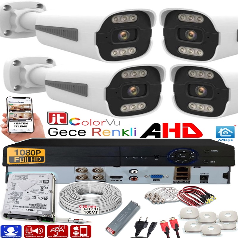 4 Kameralı 250GB 5MP HD Gece Renkli Komple Ahd Set