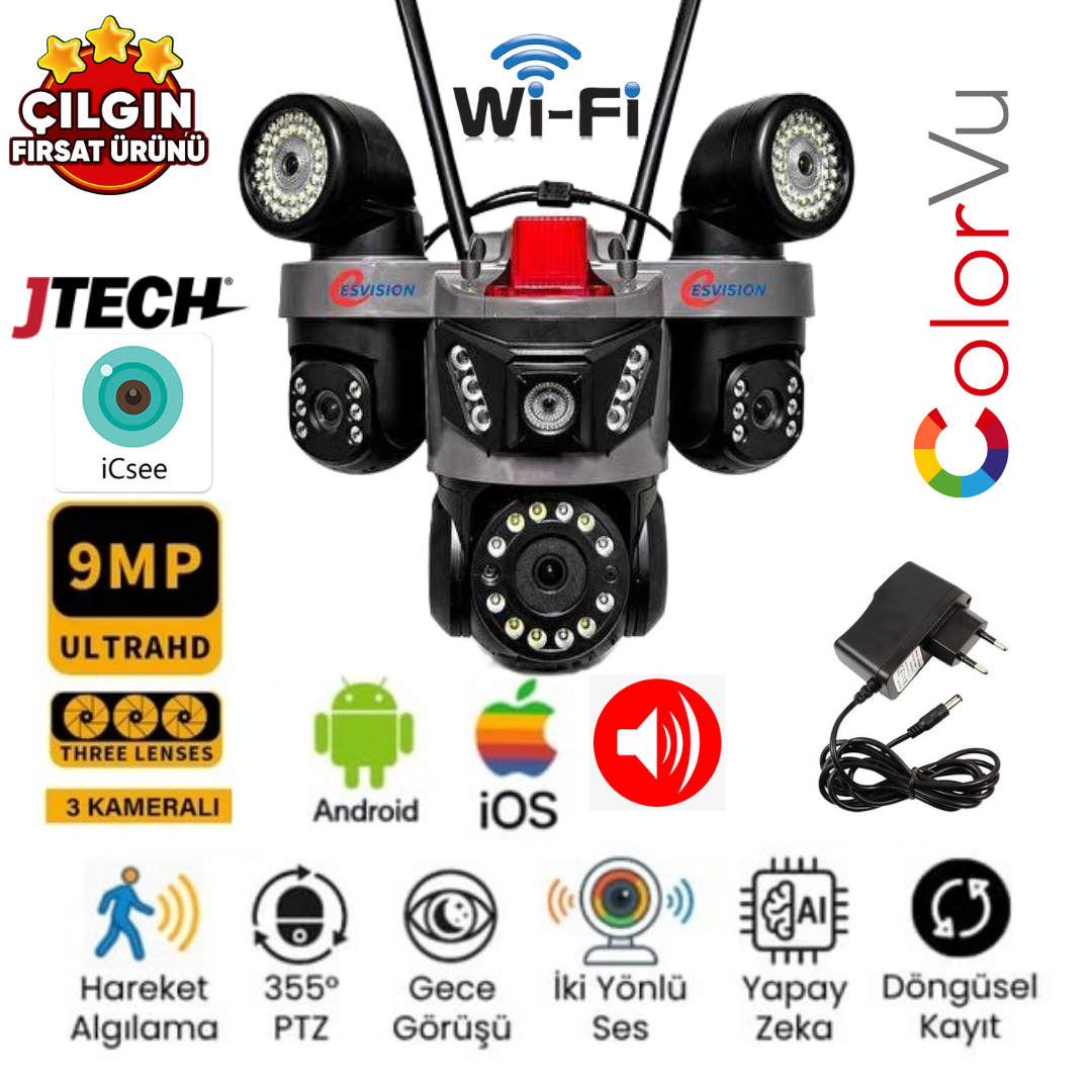 ESVİSİON ES-9003 ICSEE APP (3MP 3MP 3MP) 9MP Wi-fi 3 Lens Alert 1 PTZ Akıllı Kamera